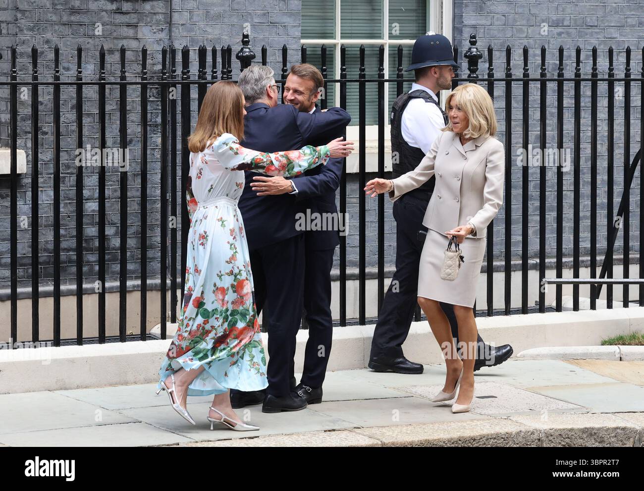 London, UK, 9th July 2025. On the 2nd day of their state visit French President Emmanuel Macron and wife Brigitte, visit UK PM Sir Keir Starmer and wife Lady Victoria, for lunch at No. 10 Downing Street. The UK continues to push for France to do more to stop the migrant small boat crossings. Credit : Monica Wells/Alamy Live News Stock Photo