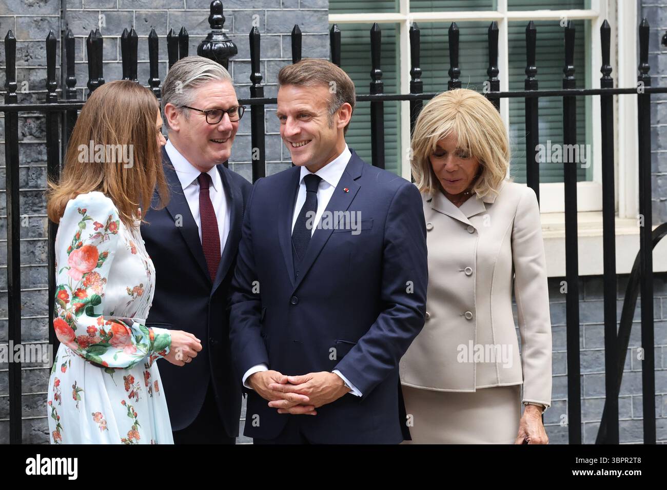 London, UK, 9th July 2025. On the 2nd day of their state visit French President Emmanuel Macron and wife Brigitte, visit UK PM Sir Keir Starmer and wife Lady Victoria, for lunch at No. 10 Downing Street. The UK continues to push for France to do more to stop the migrant small boat crossings. Credit : Monica Wells/Alamy Live News Stock Photo