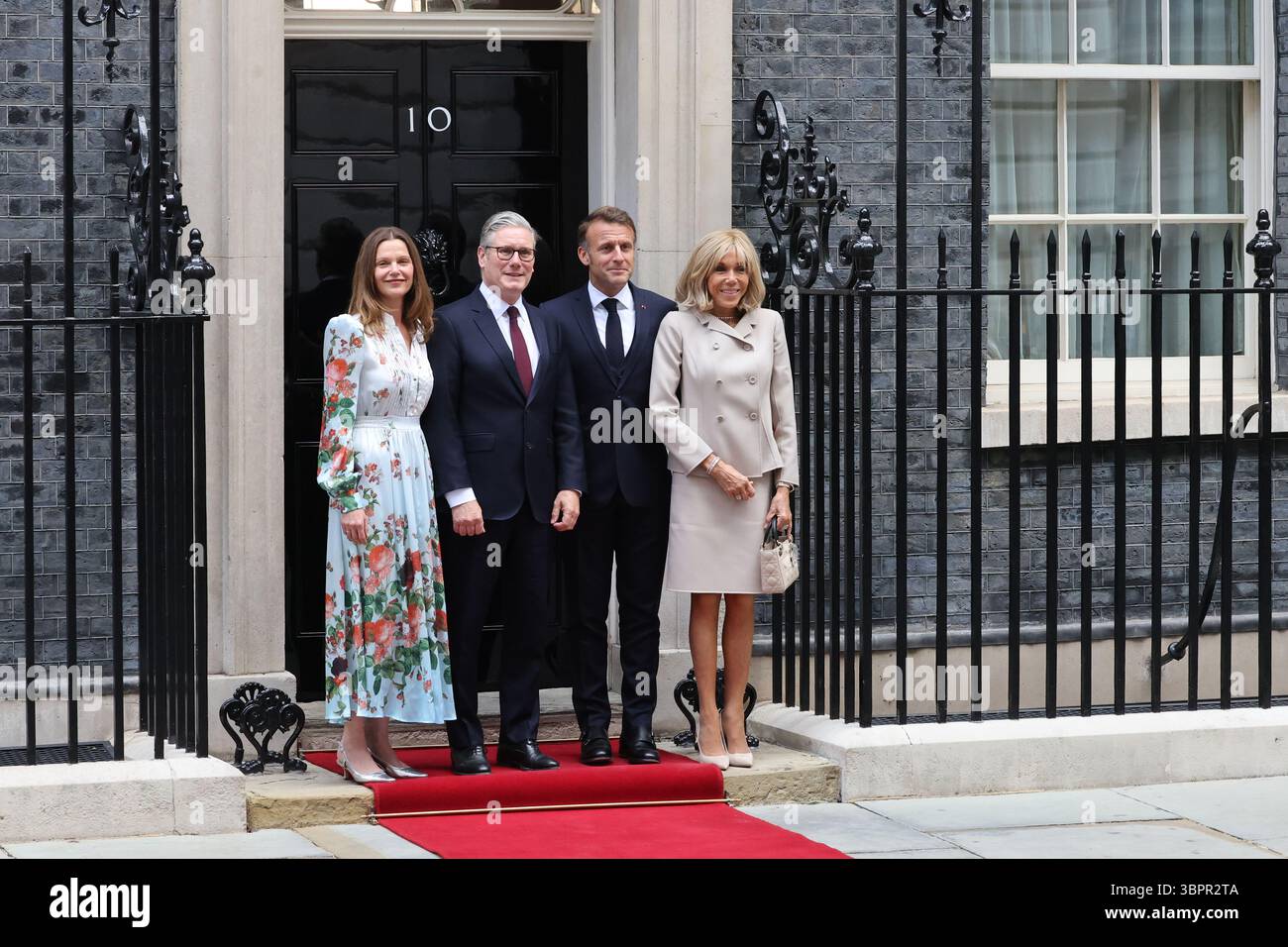 London, UK, 9th July 2025. On the 2nd day of their state visit French President Emmanuel Macron and wife Brigitte, visit UK PM Sir Keir Starmer and wife Lady Victoria, for lunch at No. 10 Downing Street. The UK continues to push for France to do more to stop the migrant small boat crossings. Credit : Monica Wells/Alamy Live News Stock Photo