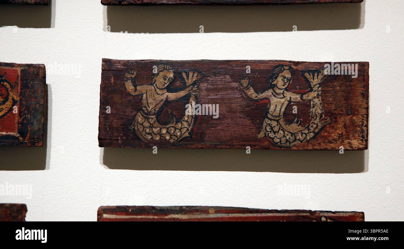 Coffering ceiling panel with sirens. 13th century. Tempera on wood ...