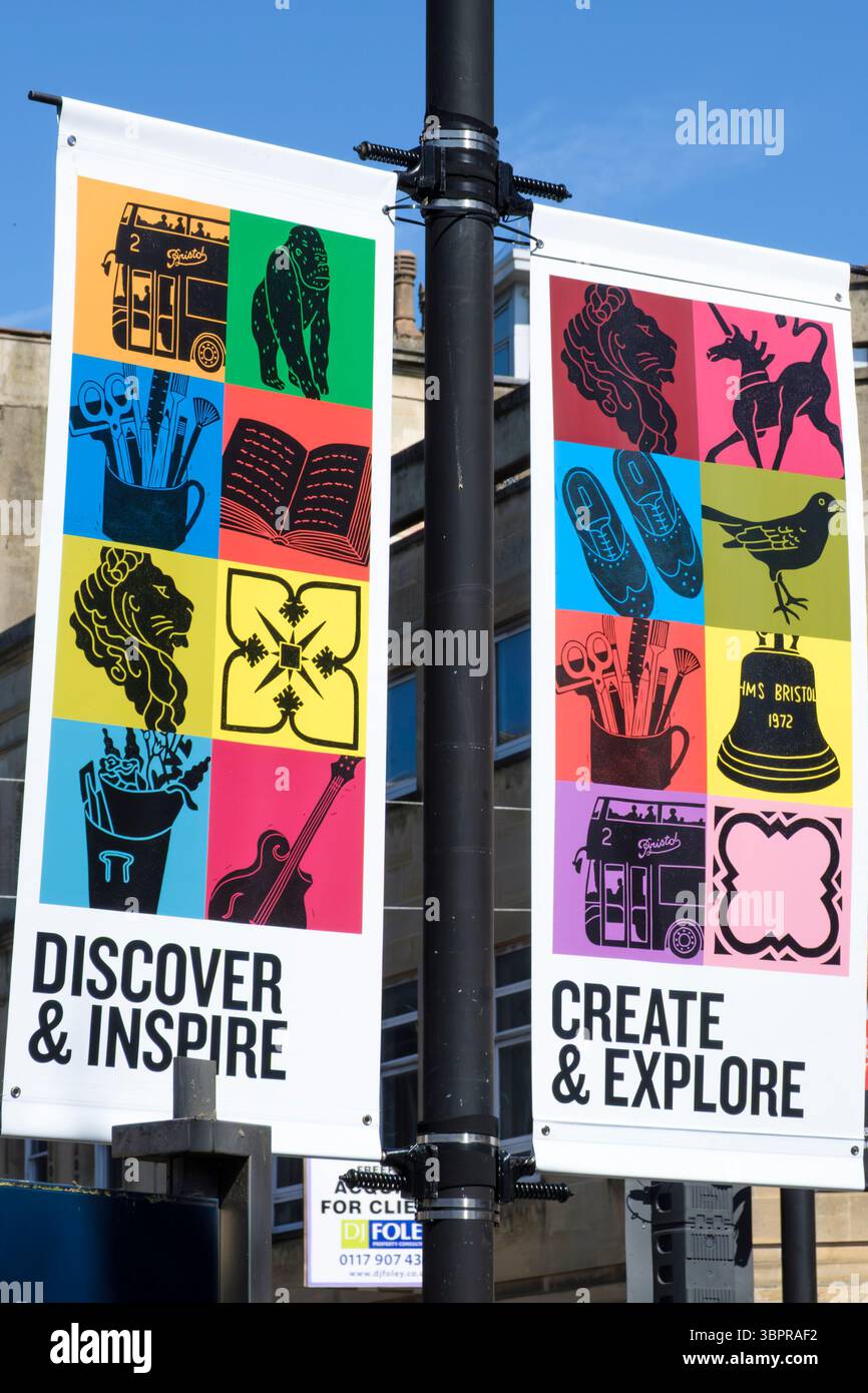 Public Art instalation PS. with Love  vibrant flags and Banners on Park Street Bristol UK stories and symbols that shape the area By Nick Hand and Han Stock Photo