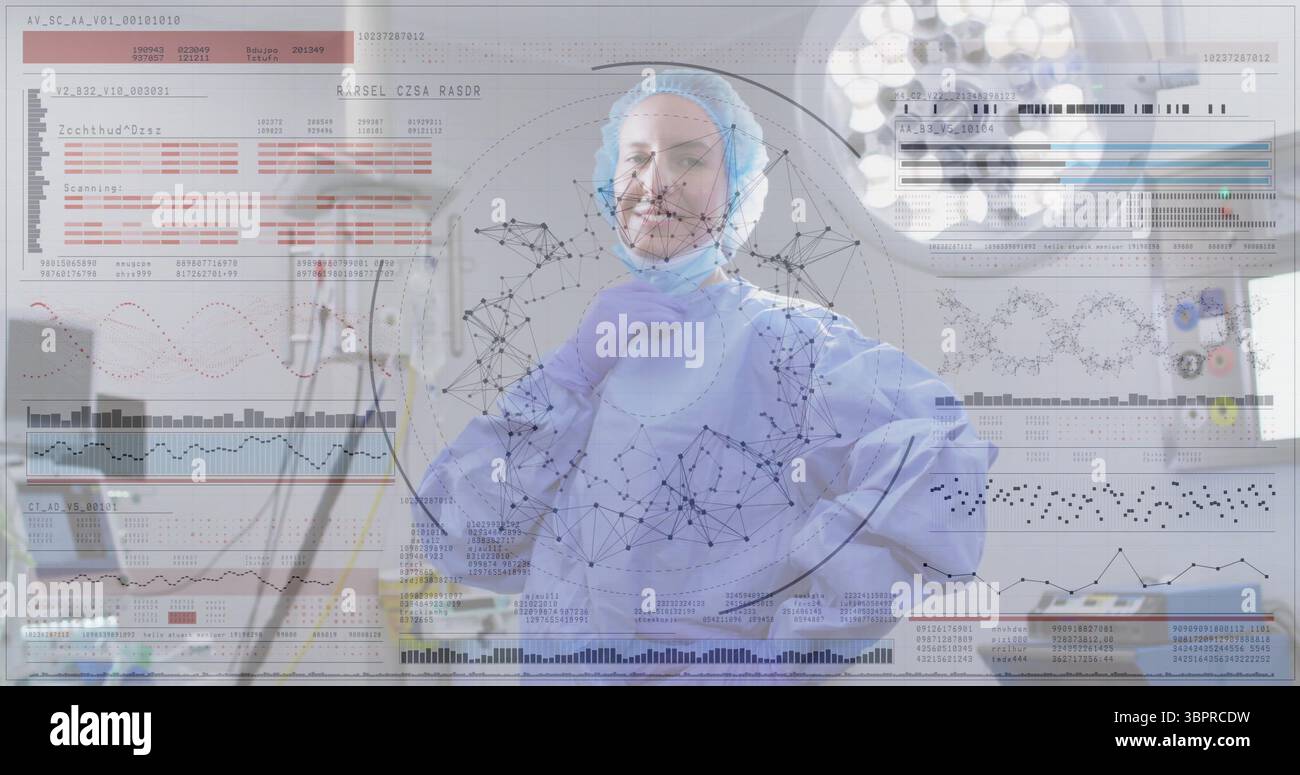 Adjusting female surgeon securing gown in operating room, with scan overlay and surgical lights Stock Photo