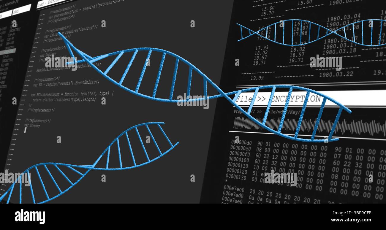 Showing large glowing blue DNA helix floating on digital UI with code, encryption and waveform Stock Photo