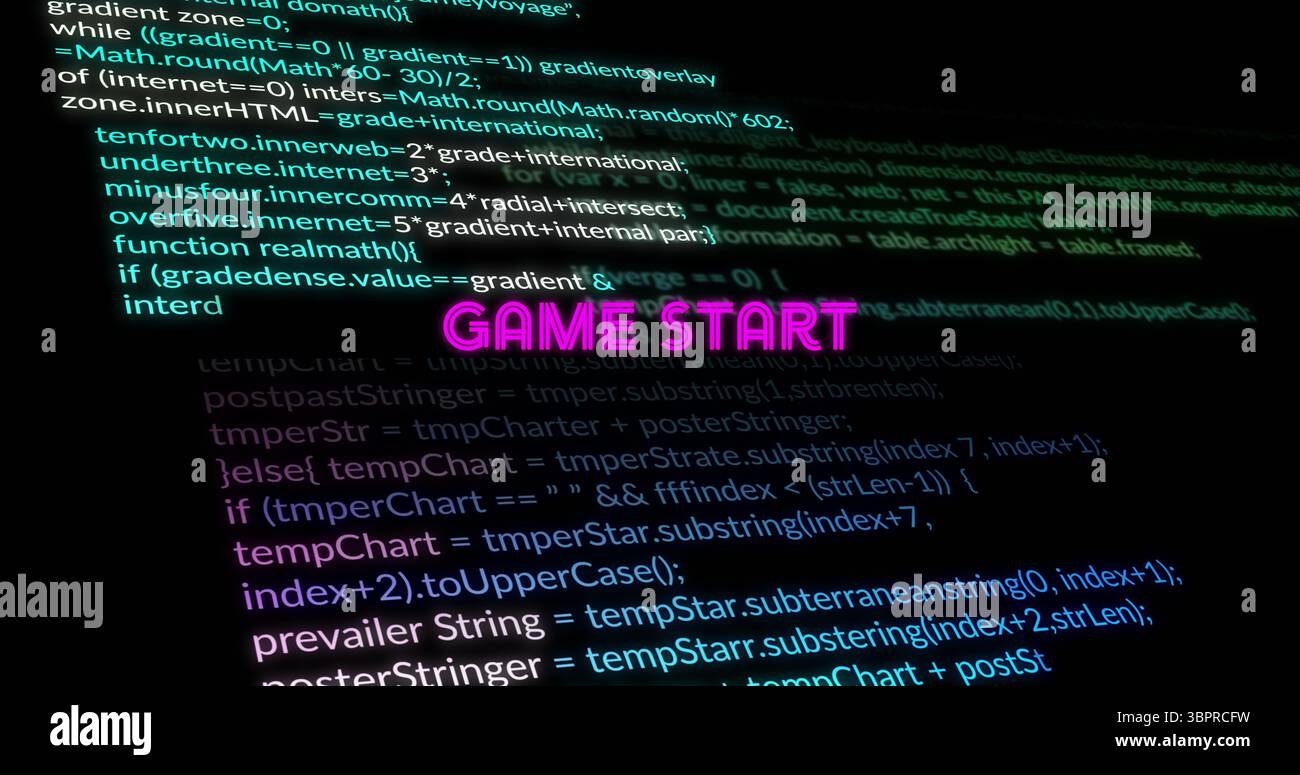 Displaying neon pink-purple GAME START glowing on computer screen at angle, with code snippets Stock Photo