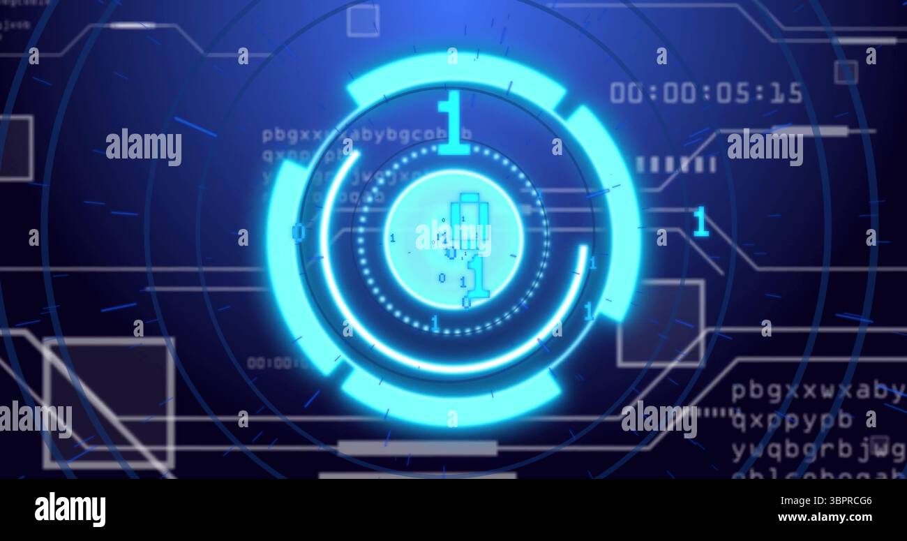 Displaying glowing blue circular HUD element on computer dashboard, with arcs and countdown timer Stock Photo