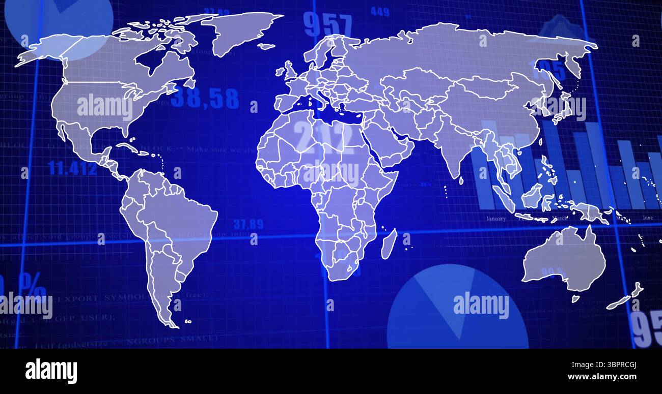 World map with data processing image over blue background and pie chart Stock Photo
