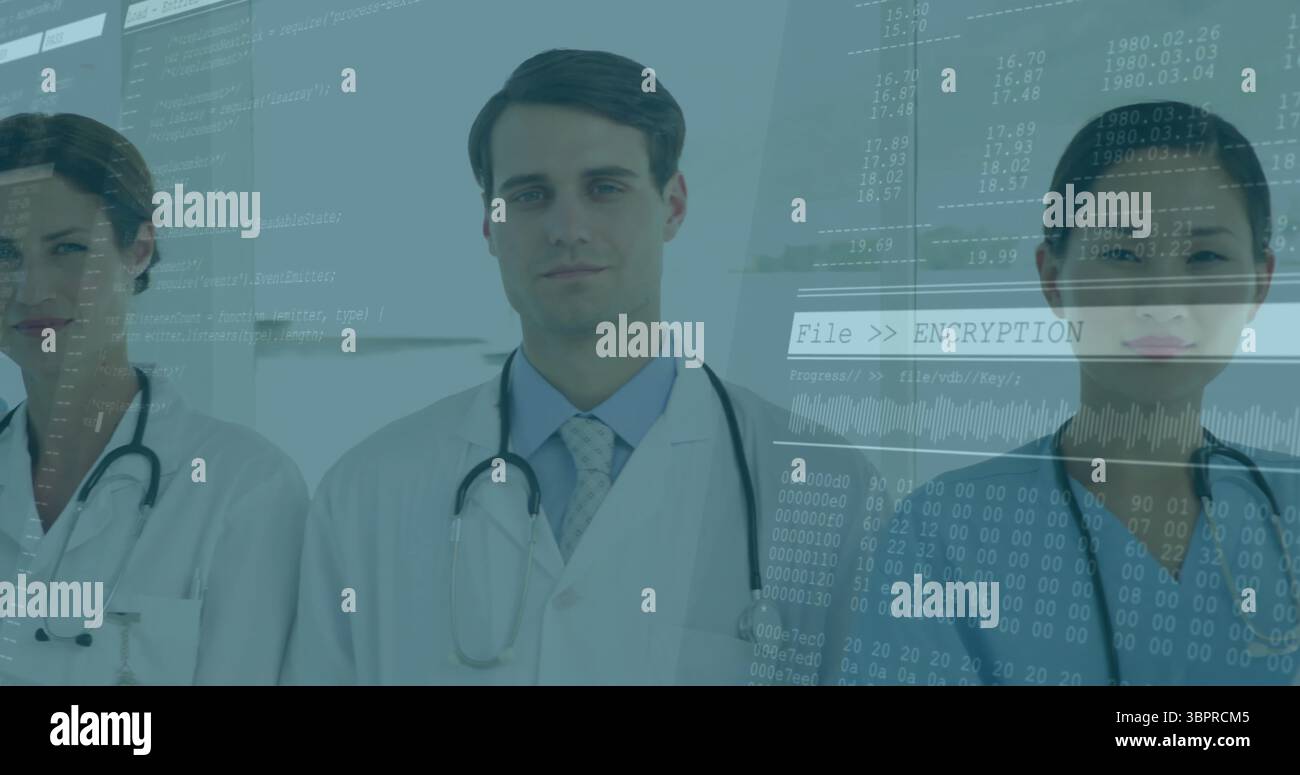 Doctors with encryption and data processing image overlay in hospital setting Stock Photo