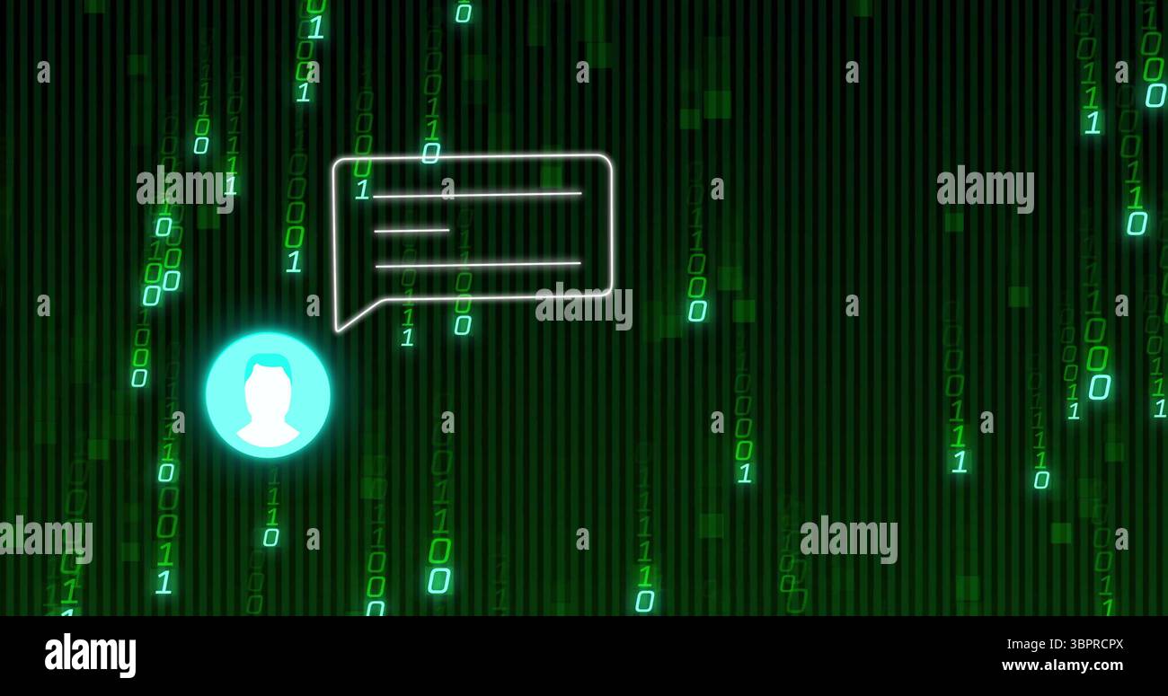 Flowing green binary code streaming over grid, framing cyan avatar with chat bubble, copy space Stock Photo