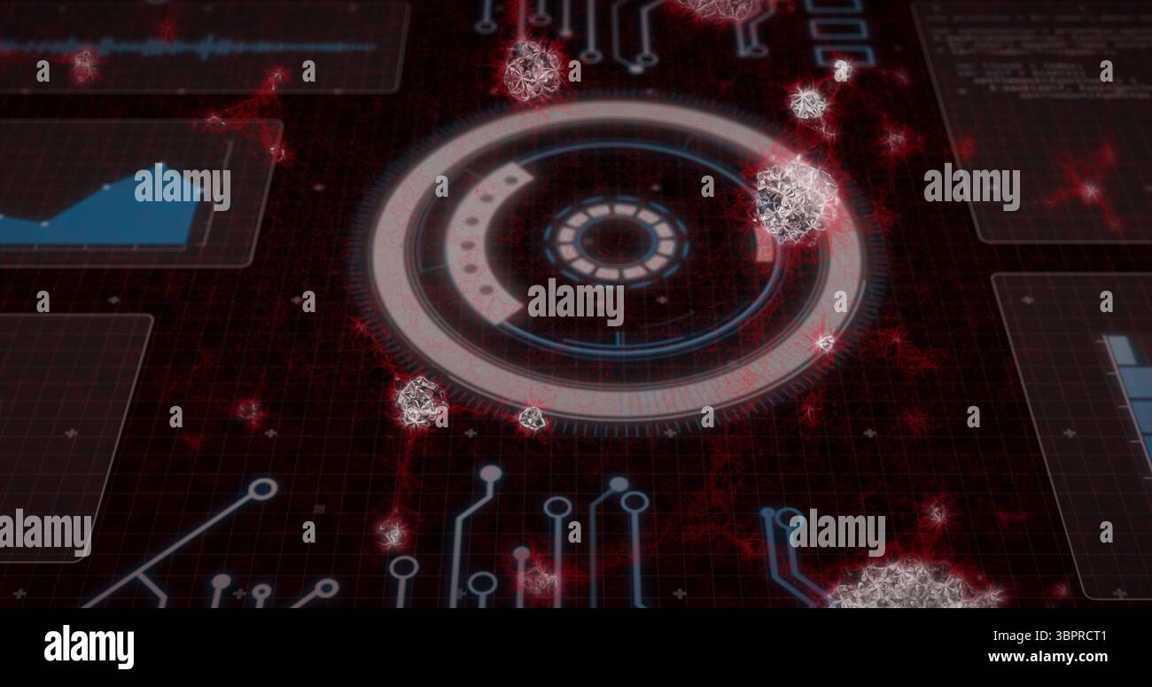 Displaying circular HUD element projecting data on dark grid, with waveform charts and virus models Stock Photo
