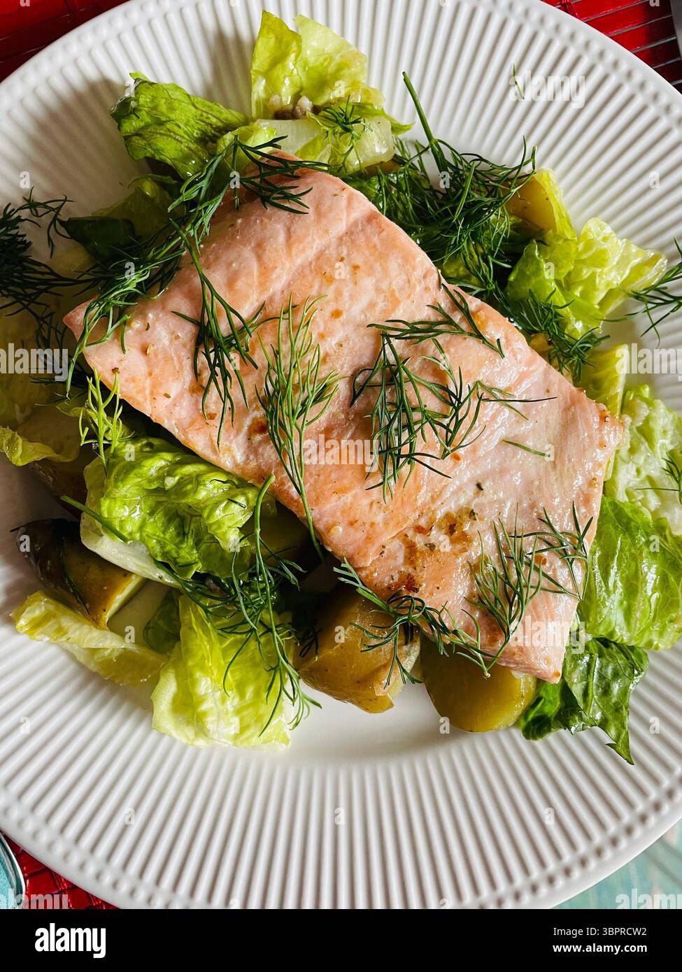 Close Up of Sautéed Salmon on a bed of greens entree, 2025, USA - Smartphone Captured Stock Image