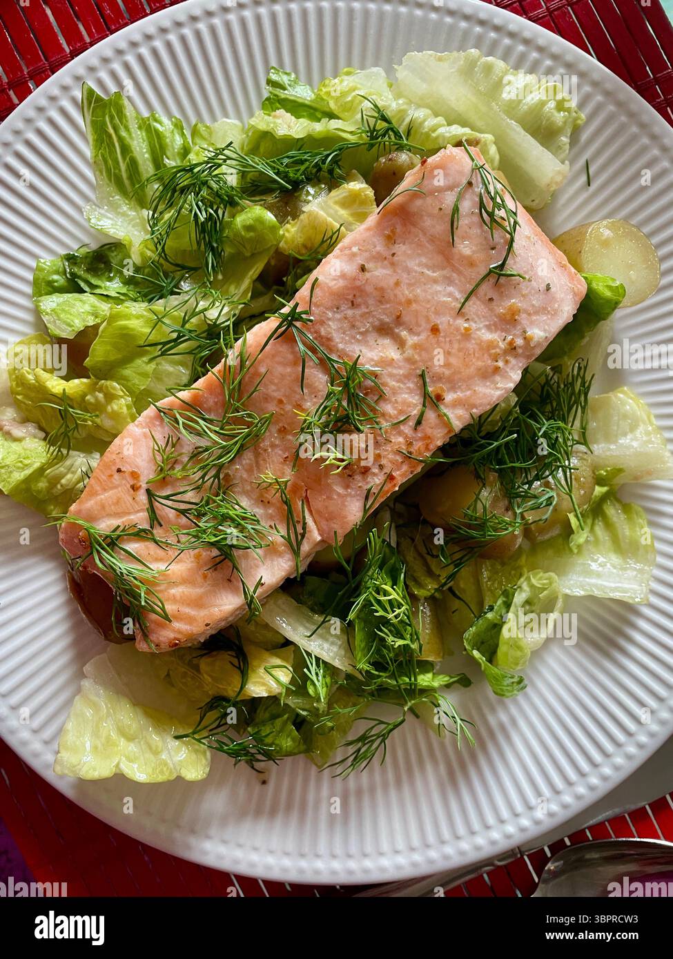 Close Up of Sautéed Salmon on a bed of greens entree, 2025, USA - Smartphone Captured Stock Image