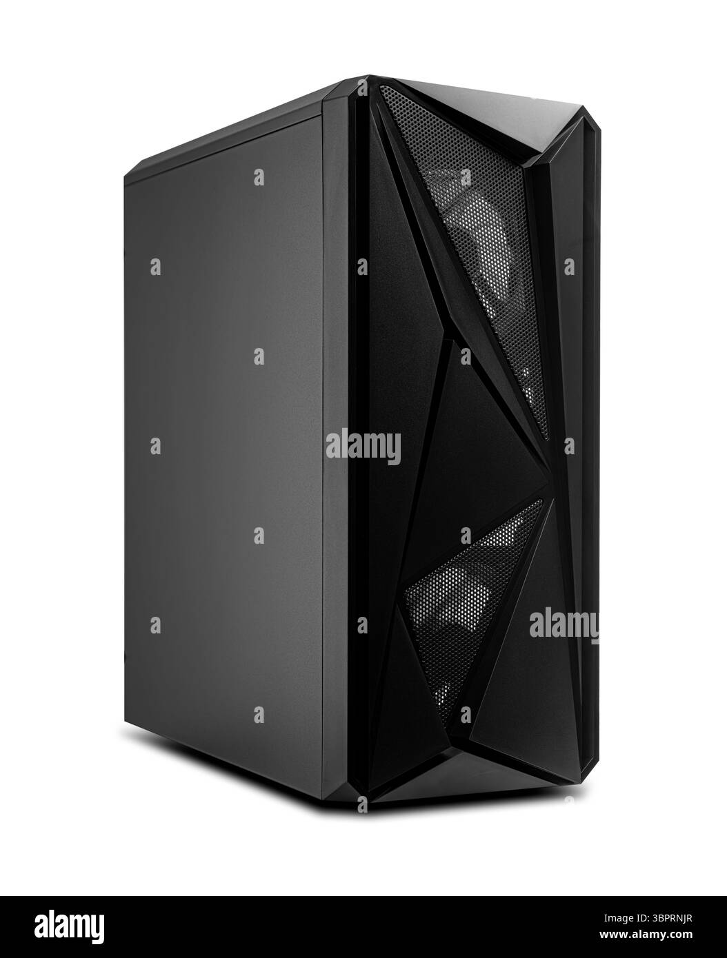 A sleek black gaming computer case with angular geometric front panel ...