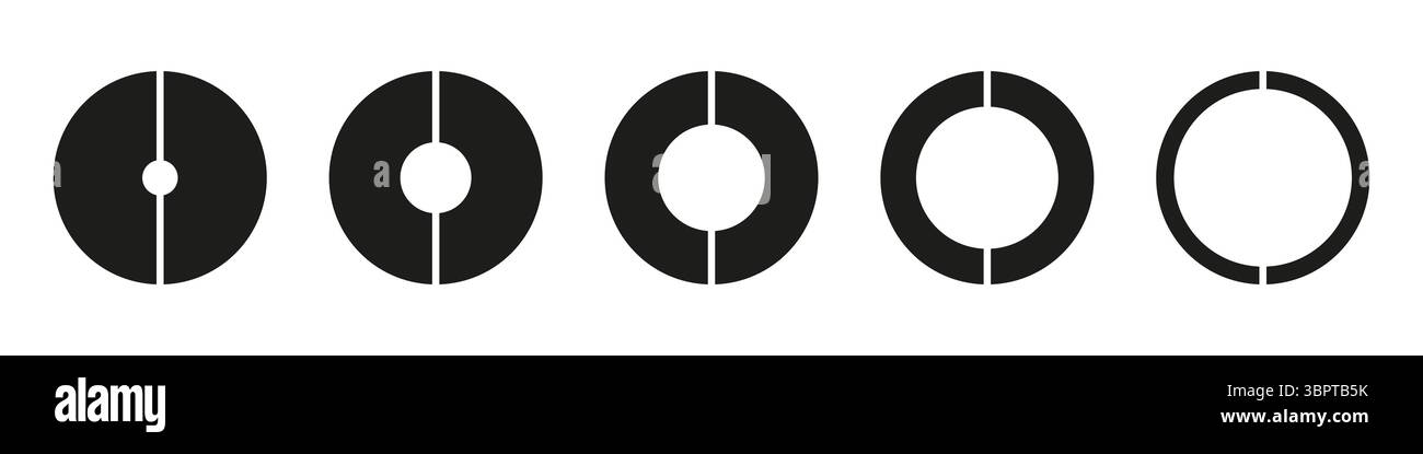 Wheels round divided in two sections. Diagrams infographic set. Circle section graph. Pie chart icons. Donut charts or pies segmented on 2 equal parts Stock Vector