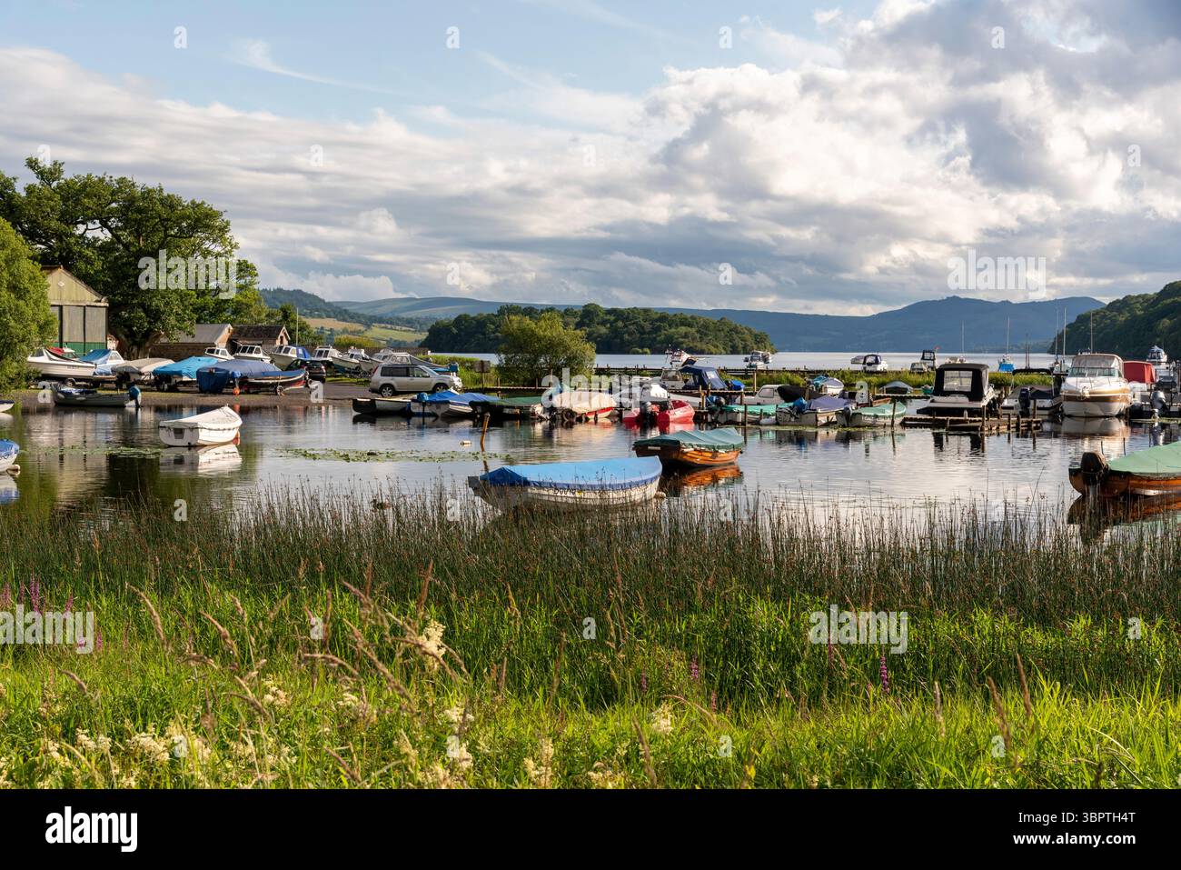 Balmaha Loch Balmaha, Lomond Scotland UK.06.07.2025.  Small boats on the edge of Loch Lomond at Balmaha from here  the West Highlands Way continues on Stock Photo