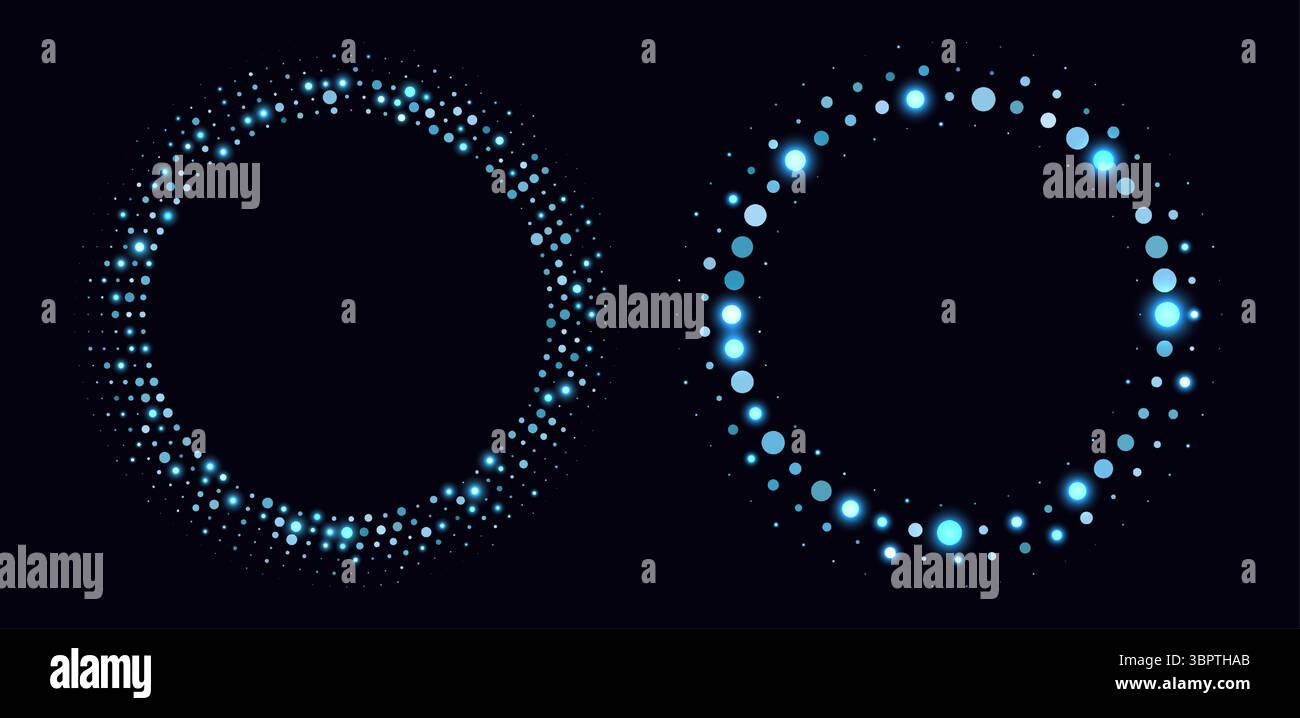 Blue halftone frames, glowing circle borders, round pattern with dots, radial disco luxury design element. Stock Vector