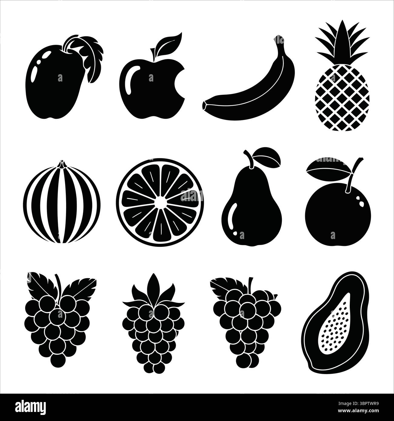 Mango apple banana pineapple pear watermelon orange strawberry papaya grapes vector Stock Vector