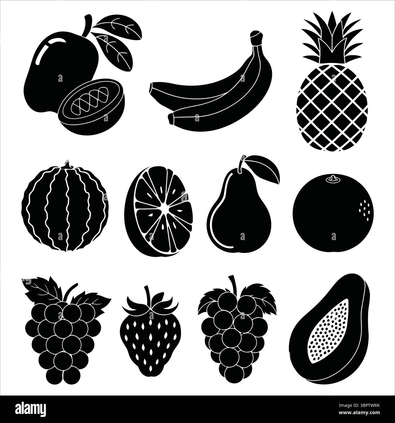 Mango bananas pineapple watermelon orange pear grapes strawberry papaya vector Stock Vector