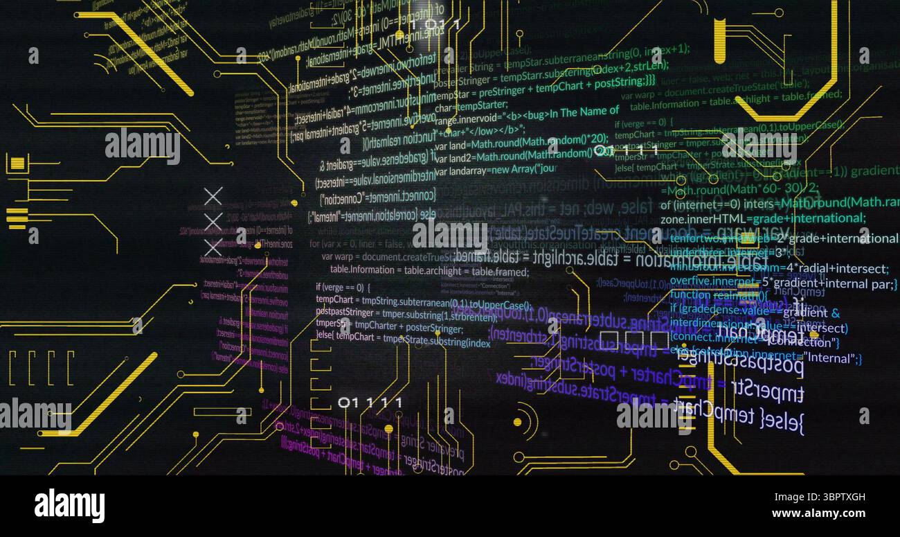 Displaying interface graphic on screen blending JavaScript HTML code and yellow circuit traces Stock Photo