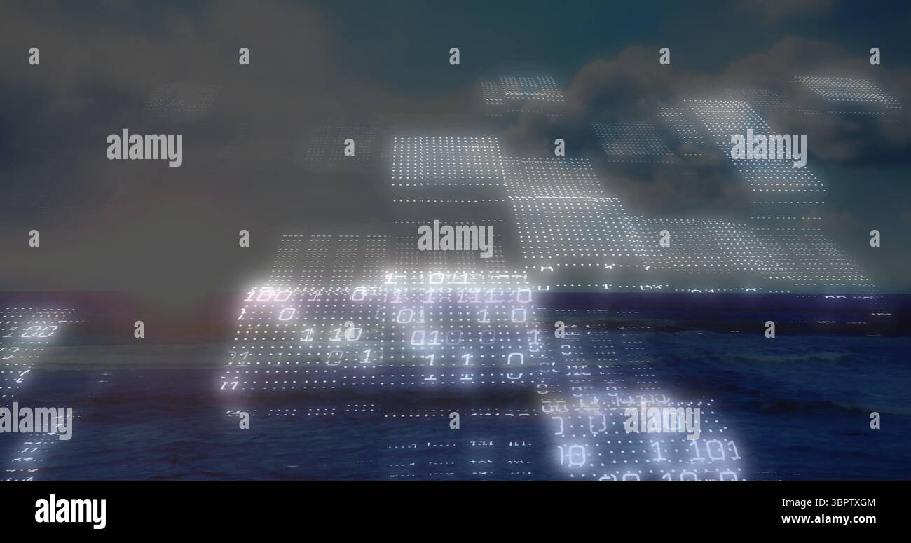 Displaying translucent digital grid panels hovering over open ocean, with glowing binary digits Stock Photo