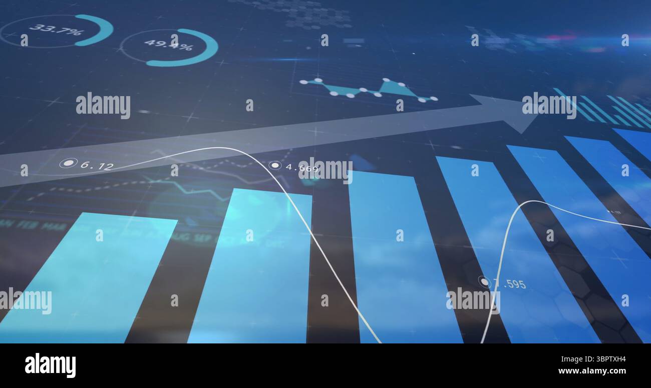 Displaying dashboard showing ascending bar chart with line graph on grid, with progress indicators Stock Photo