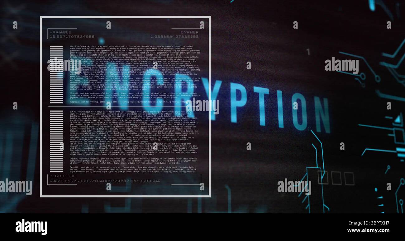 Transparent GUI panel displaying code blocks in UI with bar graphs, circuit traces, ENCRYPTION text Stock Photo