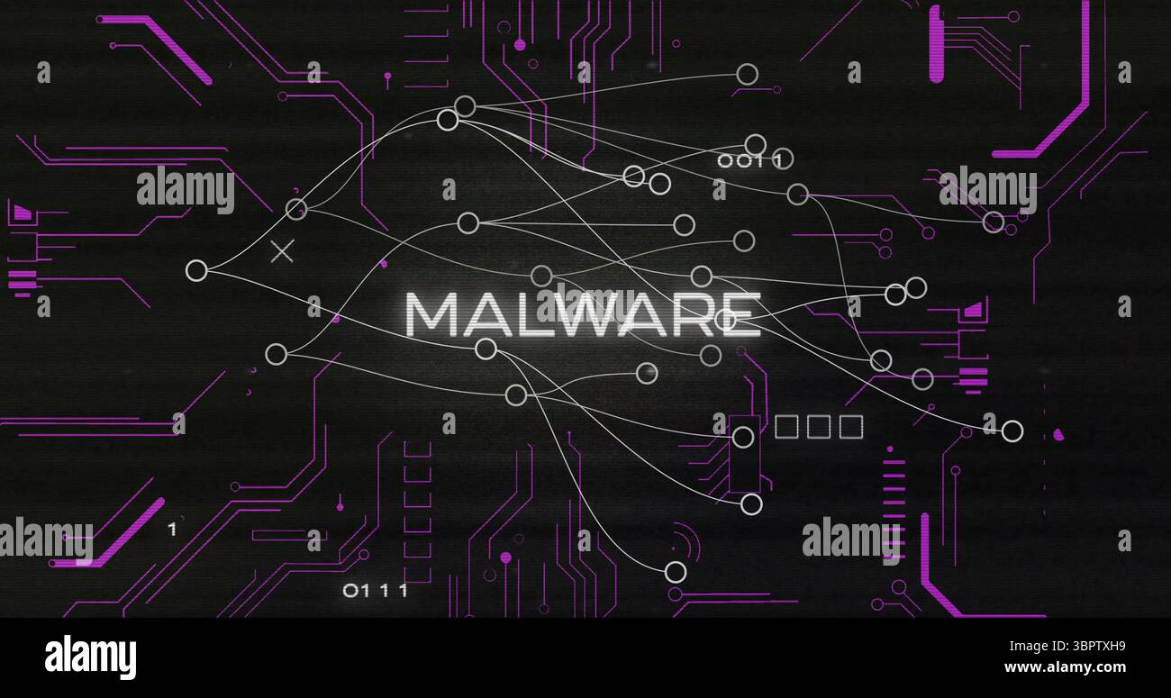Displaying MALWARE label highlighting purple circuit traces in digital grid, with binary digits Stock Photo