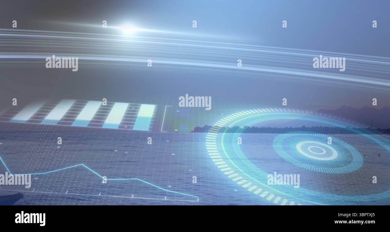 Displaying HUD overlay over shore at dusk, showing grid, charts and HUD ...