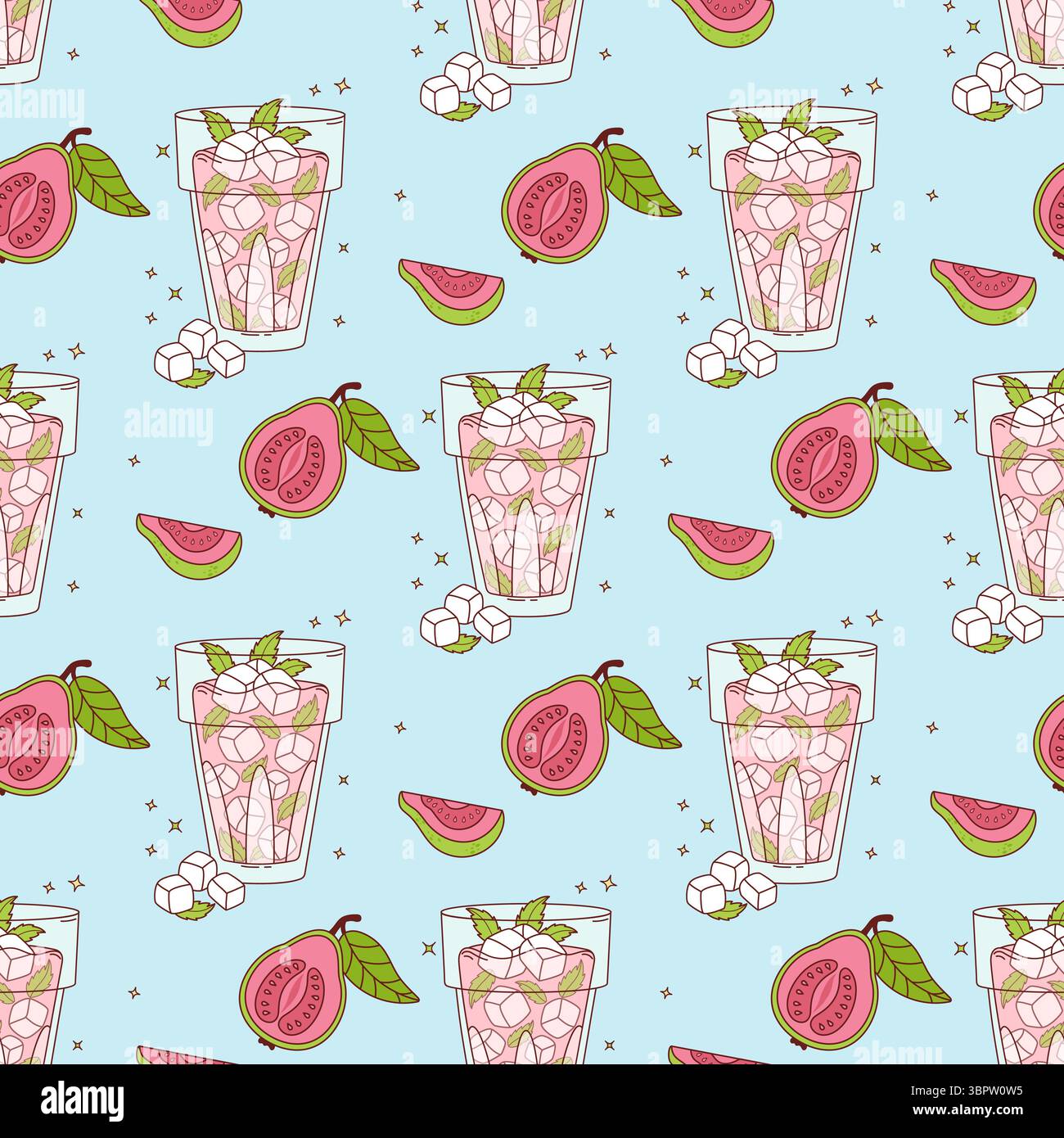 Seamless Pattern Guava Drink with ice cubes and Mint on blue Background with tropical Pink Fruit slices. Summer Refreshing Cocktail. Vector illustrati Stock Vector