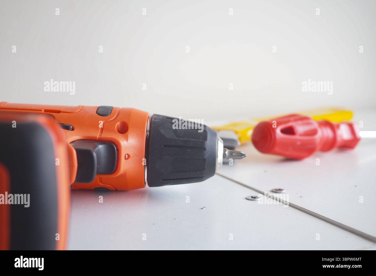 Tools arranged on a workbench for home improvement tasks Stock Photo