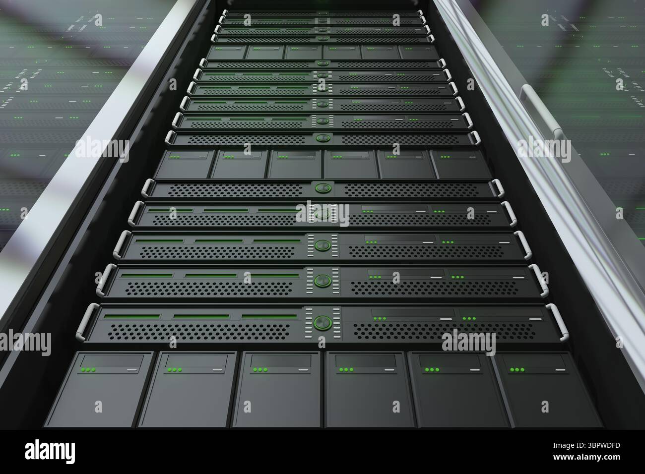 Rack-mounted blade servers are showcasing flat design with glowing ...