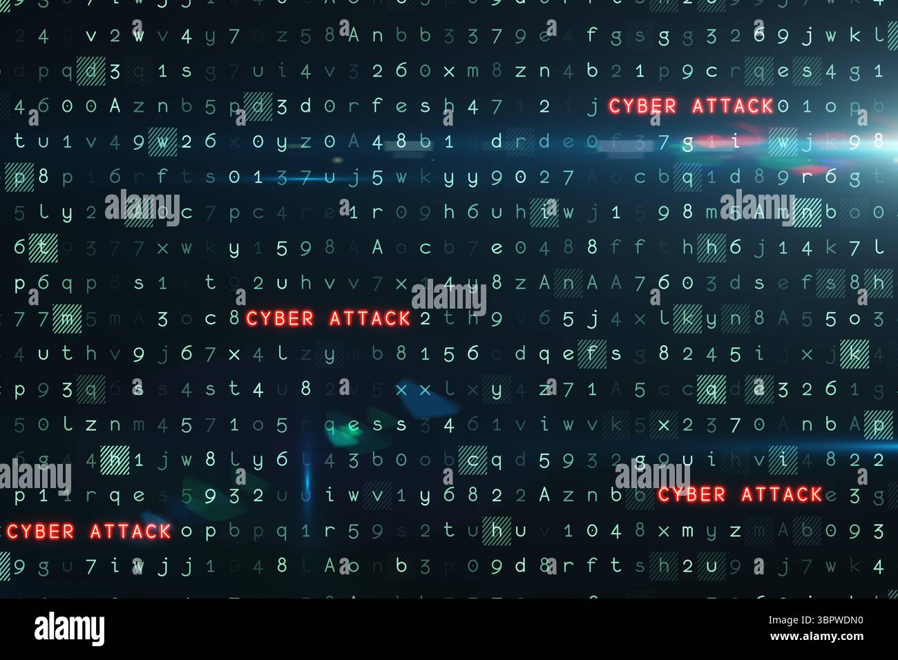 Red glowing 'CYBER ATTACK' text is flashing over flat digital code matrix, with glowing nodes Stock Photo