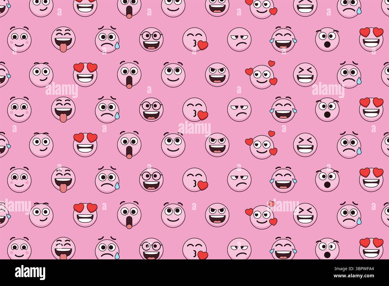 Emoji seamless pattern on a pink background. Seamless pattern with colourful emoticons. Stock Vector