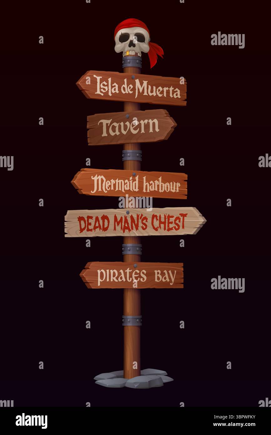 Pirate wooden sign board, corsair signage with pirate sailor skull and bandana, vector game UI. Cartoon wood post with old wooden planks and rocks. Treasure island, tavern and hidden booty sign boards Stock Vector
