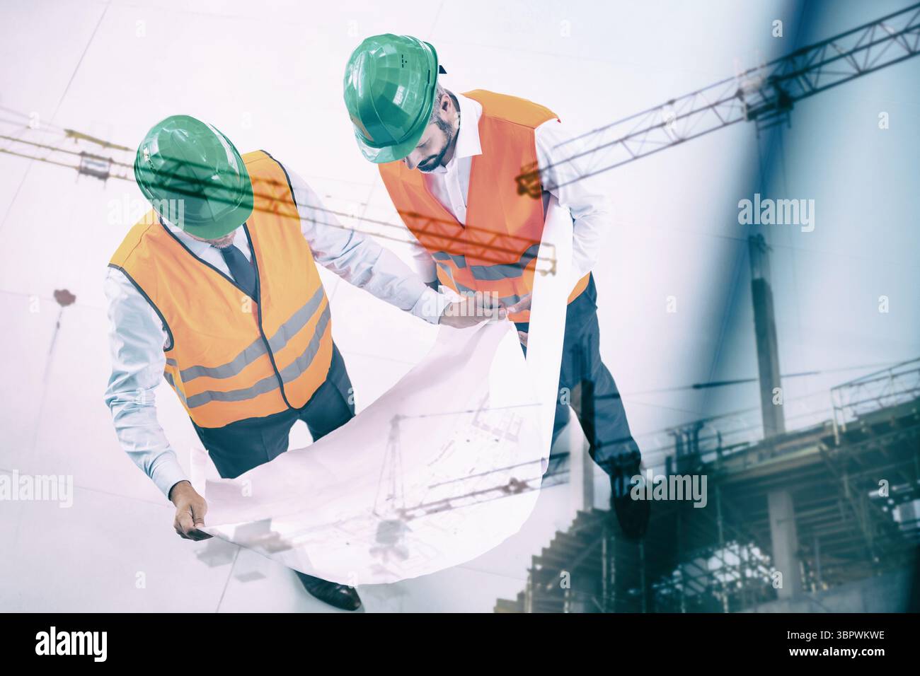 Engineering Men Male engineers discussing over blueprint at construction site Stock ...