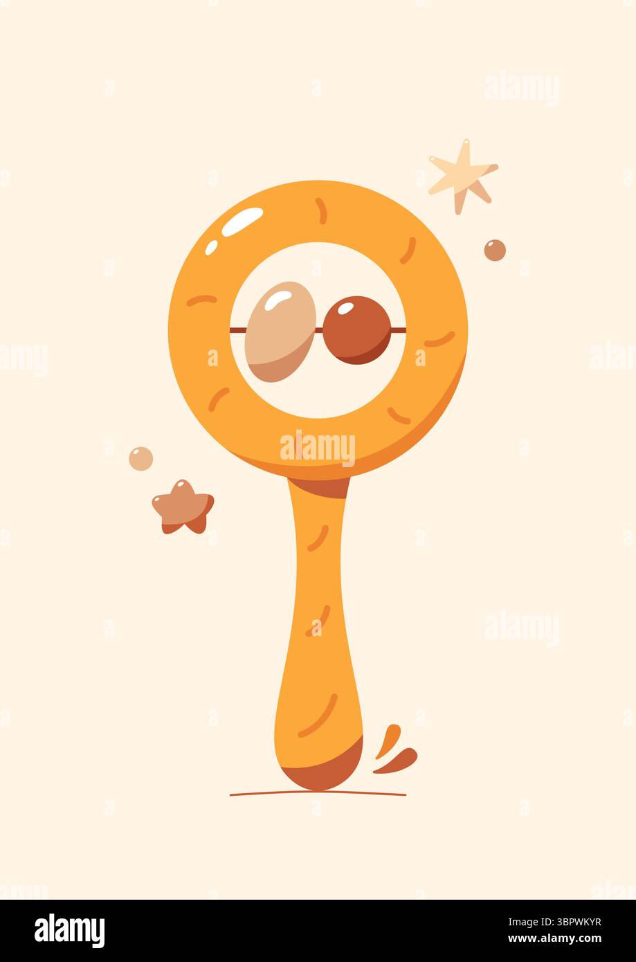 A poster or kid's card with a baby rattle drawn in soft bohemian colors and tiny elements around. Stock Vector