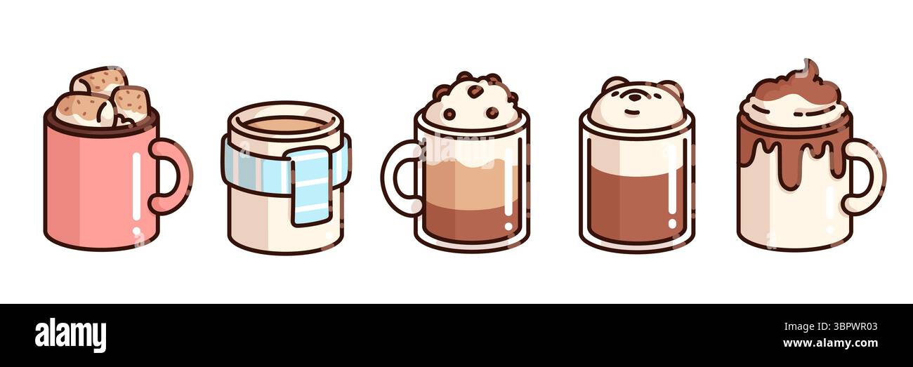 Christmas holiday coffee cup set with hot chocolate topped marshmallows, cozy mug wrapped in blue scarf, cappuccino with whipped cream, latte foam bear design and cocoa dripping down white ceramic. Stock Vector