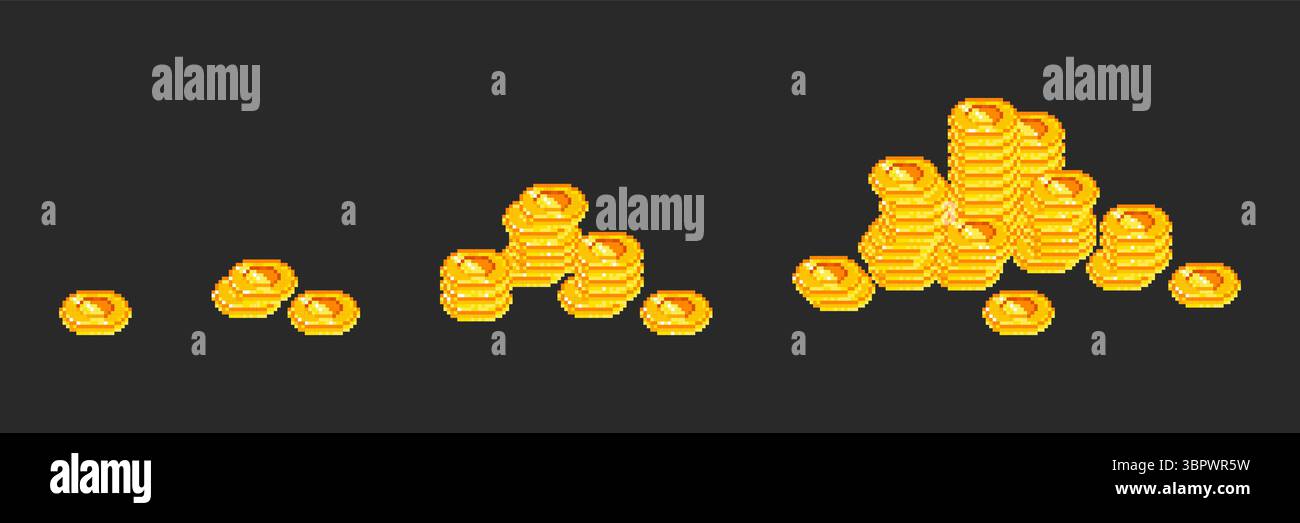 Pixel art gold coin growth progression - small to large stacks of ...