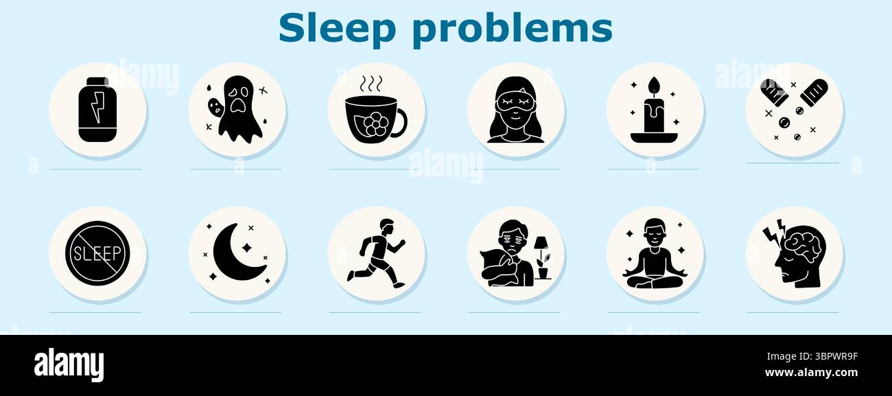 Sleep problems set icon. Depicts supplement, ghost, tea, mask, candle ...