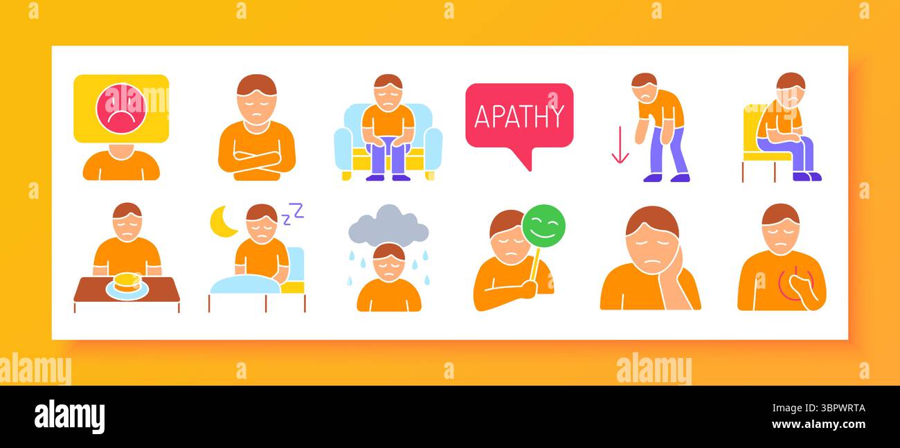 Depression and sadness set icon. Slouched poses, crossed arms, isolation, sleeping issues, appetite change, crying, apathy, fake smile, dark cloud, an Stock Vector