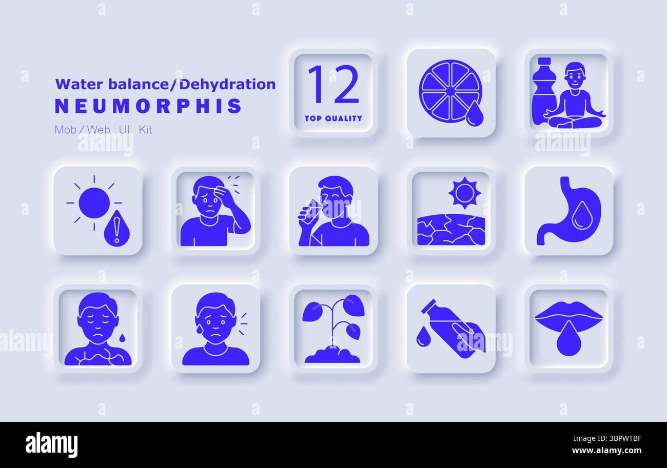 Water balance set icon. Dehydration symptoms, dry skin, sweating ...