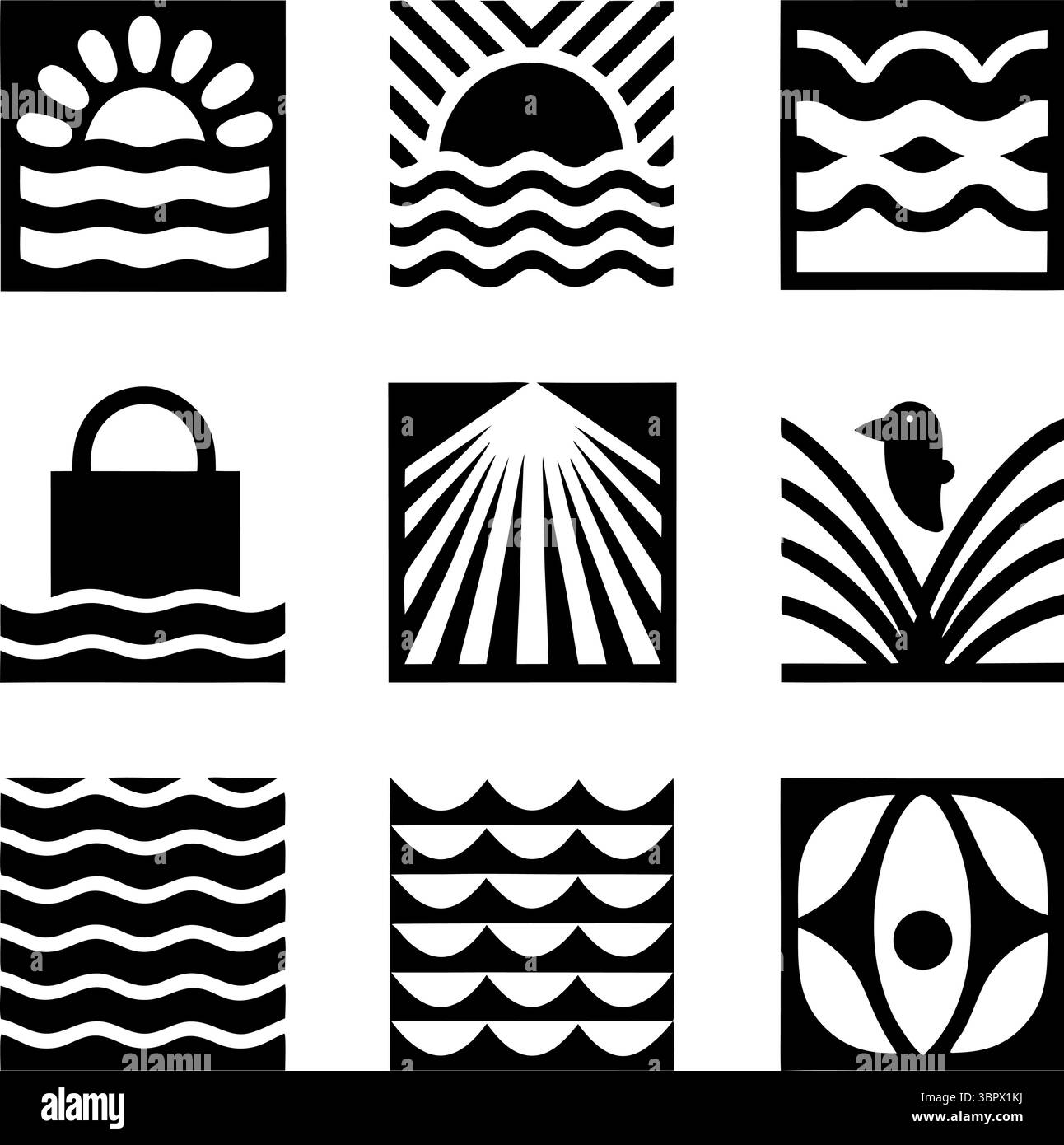 A collection of nine square black and white graphic icons depicting ...
