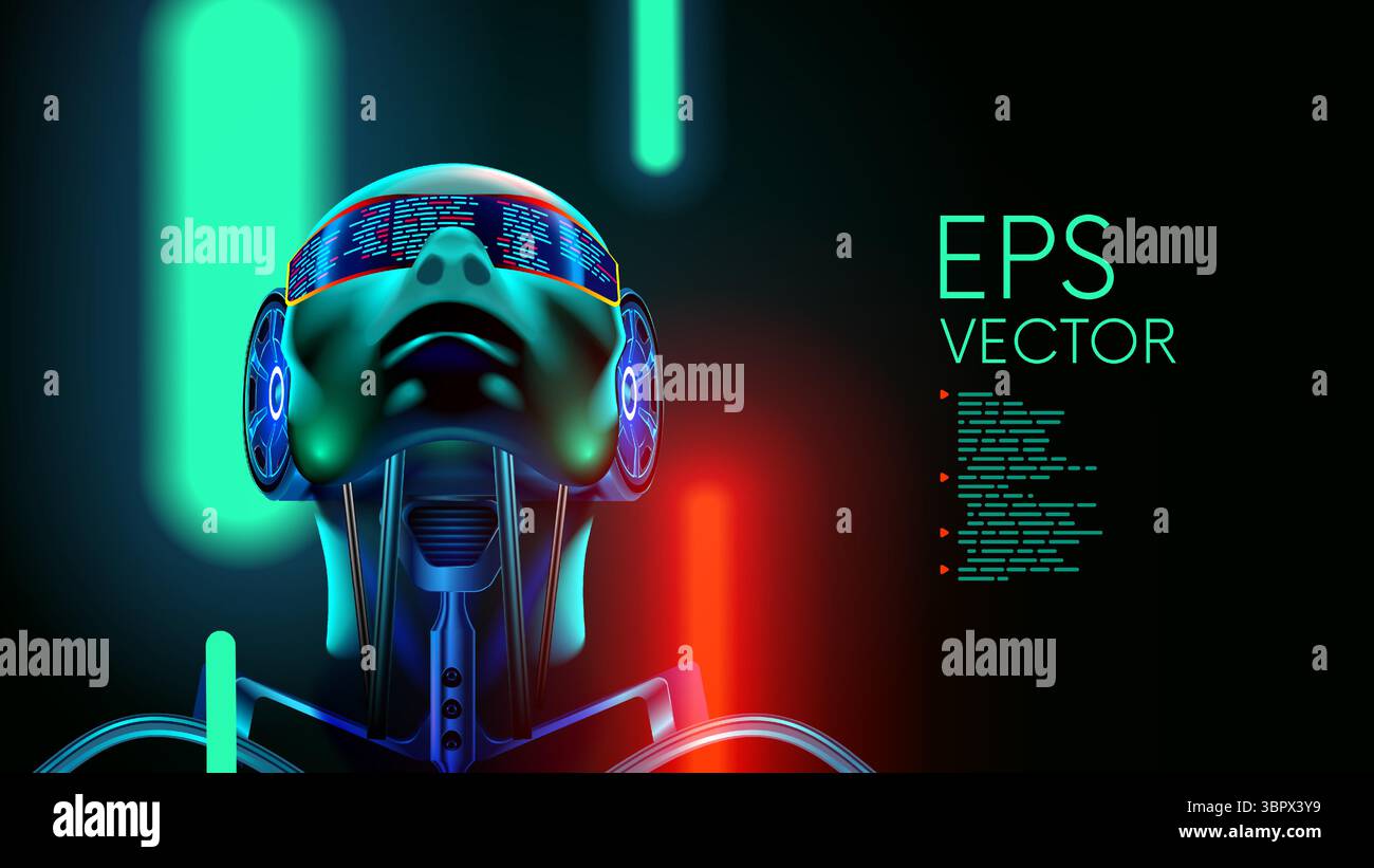 AI. A robot with artificial intelligence or a cyborg in the concept of a human face or head with electronic parts. Artificial General Intelligence or Stock Vector