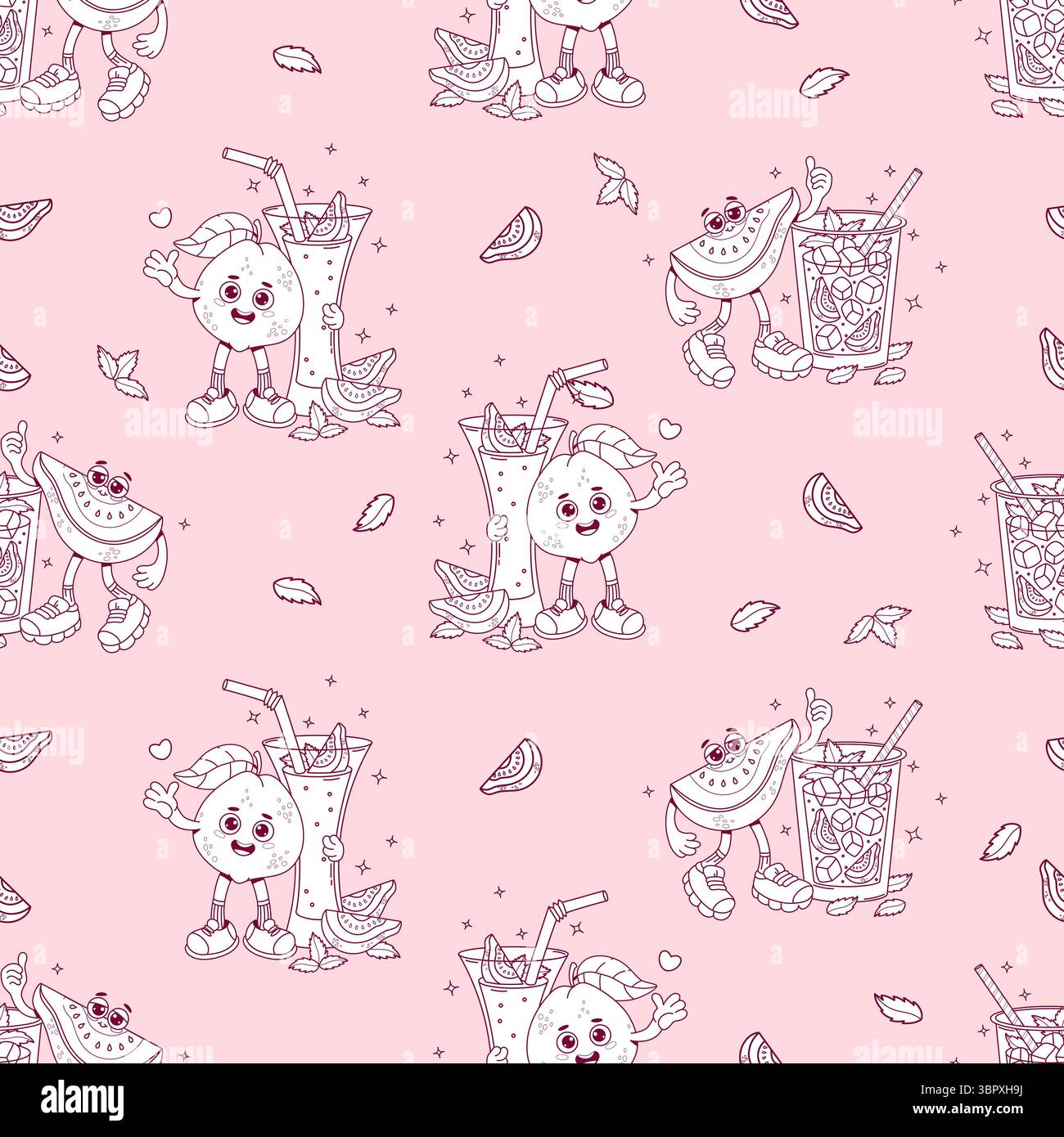 Outline Seamless Pattern. Cute Guava Groovy Character with Drink Cocktail with Ice cubes and Mint leaves on Pink Background. Funny cartoon retro perso Stock Vector
