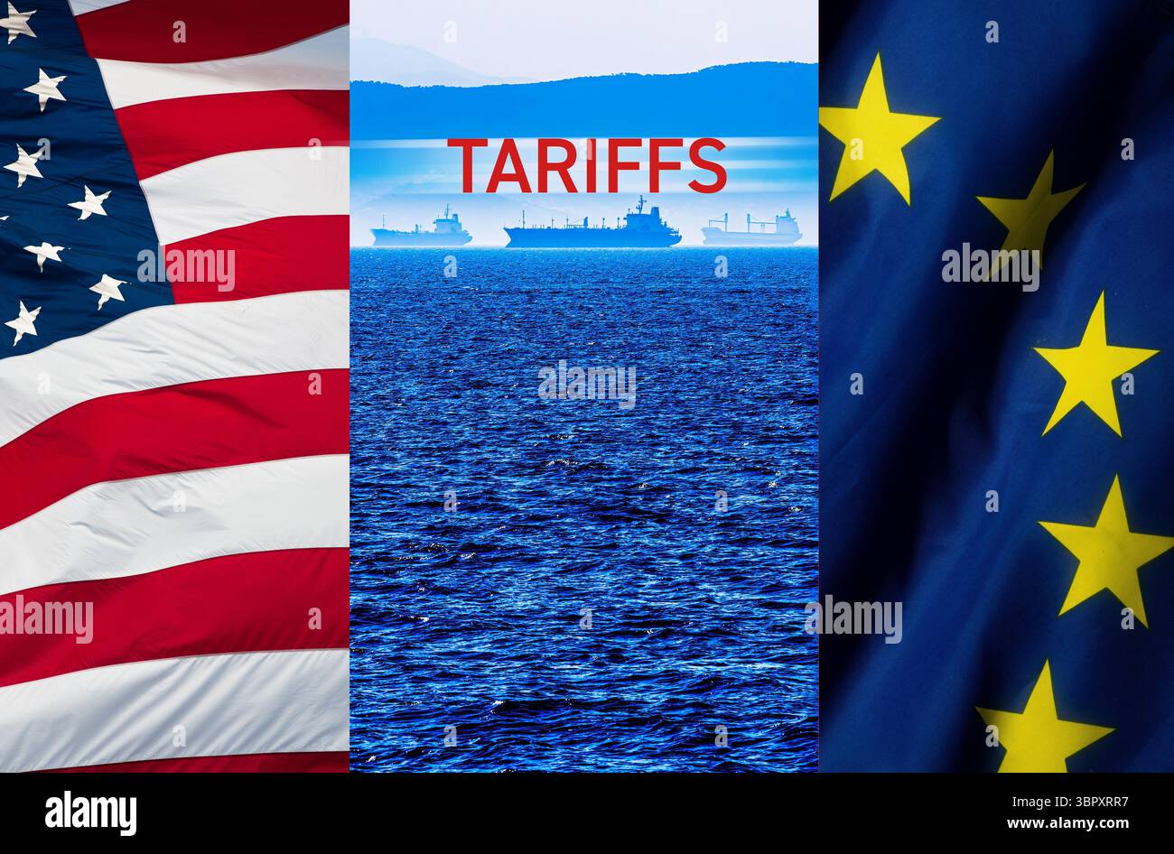 US and EU flags framing container ships in sea Stock Photo - Alamy