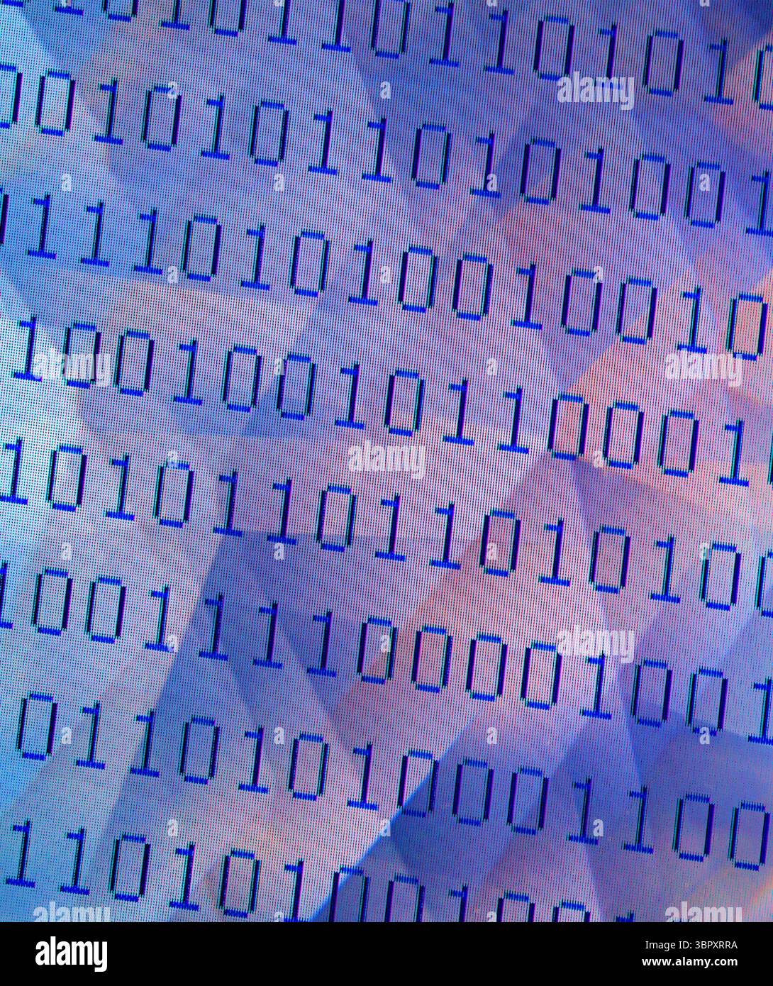 Lines of binary computer numbers against abstract, graphic background Stock Photo
