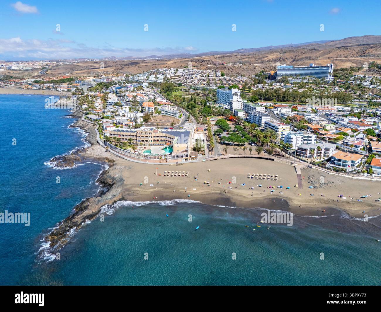 Gran Canaria, Canary Islands, Spain. 8th July 2025. Aerial image of Playa Del Ingles and Playa De San Augustin coastline at Maspalomas. Stock Photo