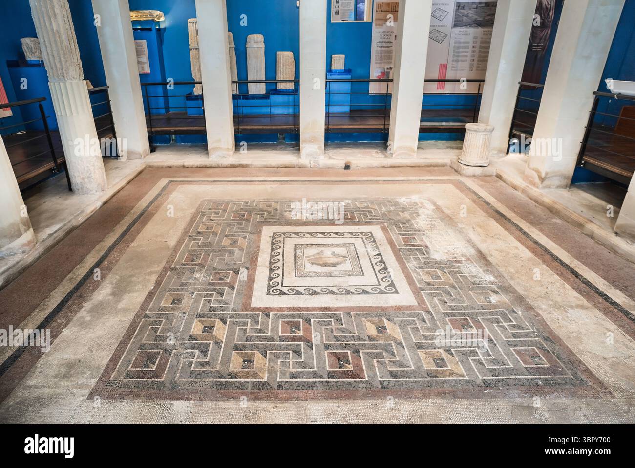 Roman museum Malta, view of the excavated mosaic floor within the peristyle court of the Roman Domus (Domus Romana) museum in Rabat, Malta Stock Photo