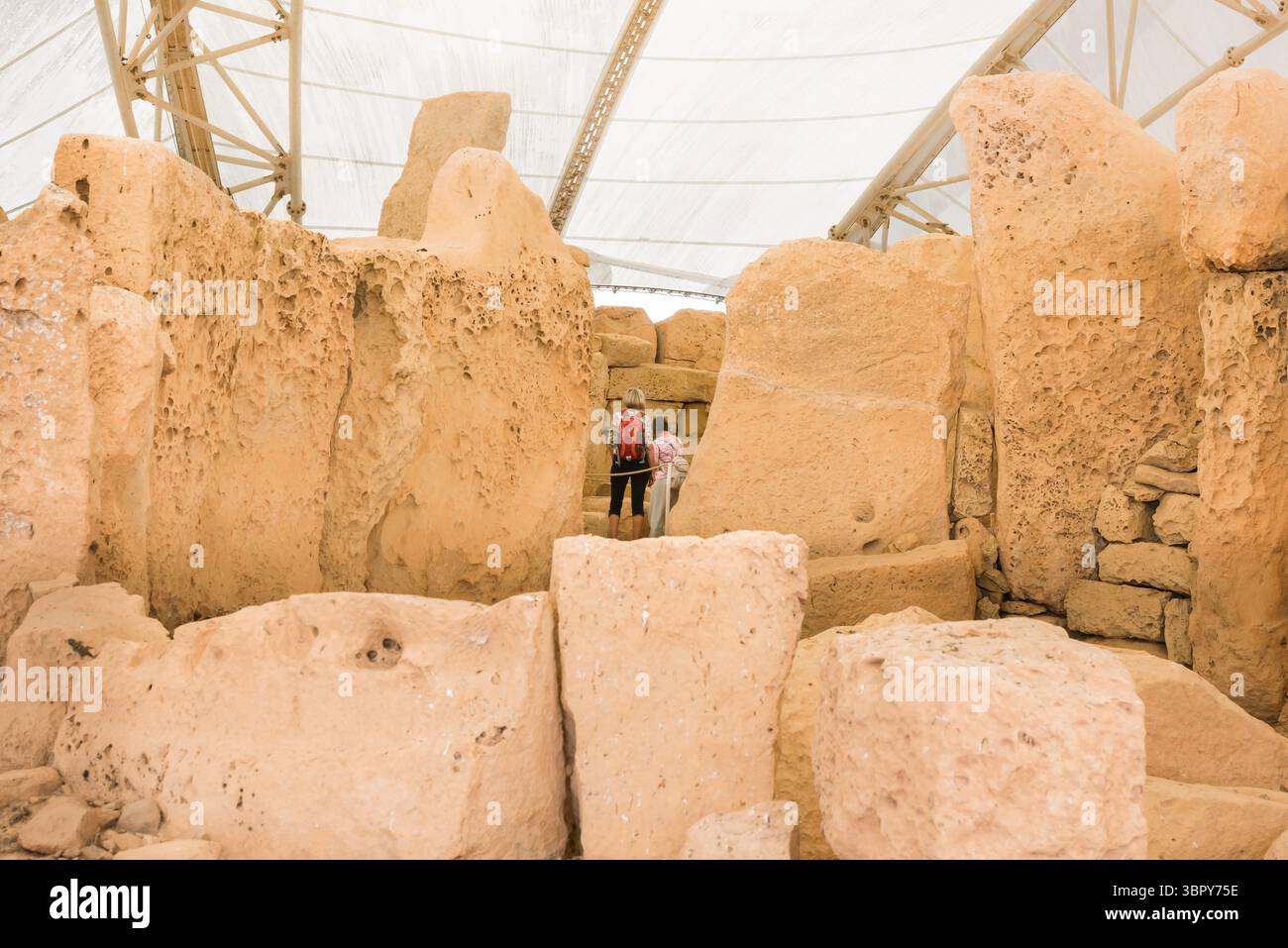 Malta Hagar Qim, view of an interior chamber constructed of heavily eroded limestone slabs, neolithic temple of the Hagar Qim prehistoric site, Malta Stock Photo