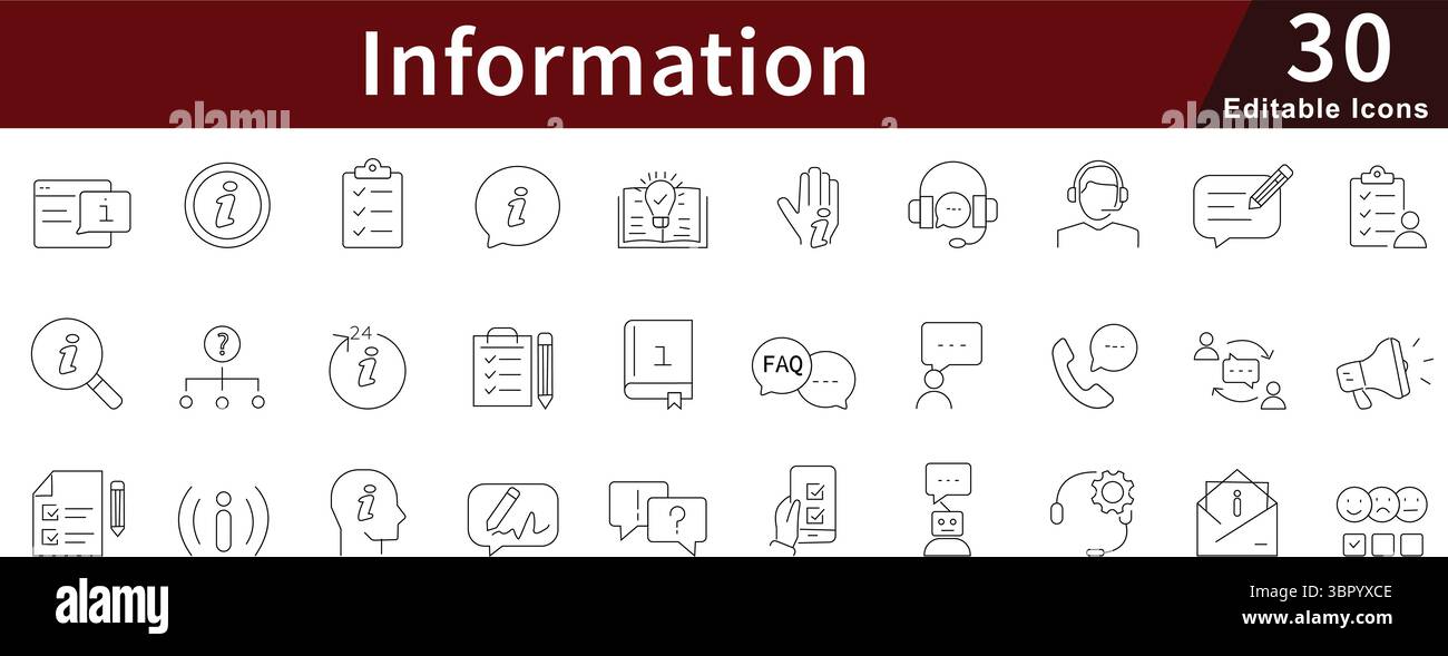 Information Editable Line Icons Set for Data, Knowledge, Communication, and Digital Access Concepts Stock Vector