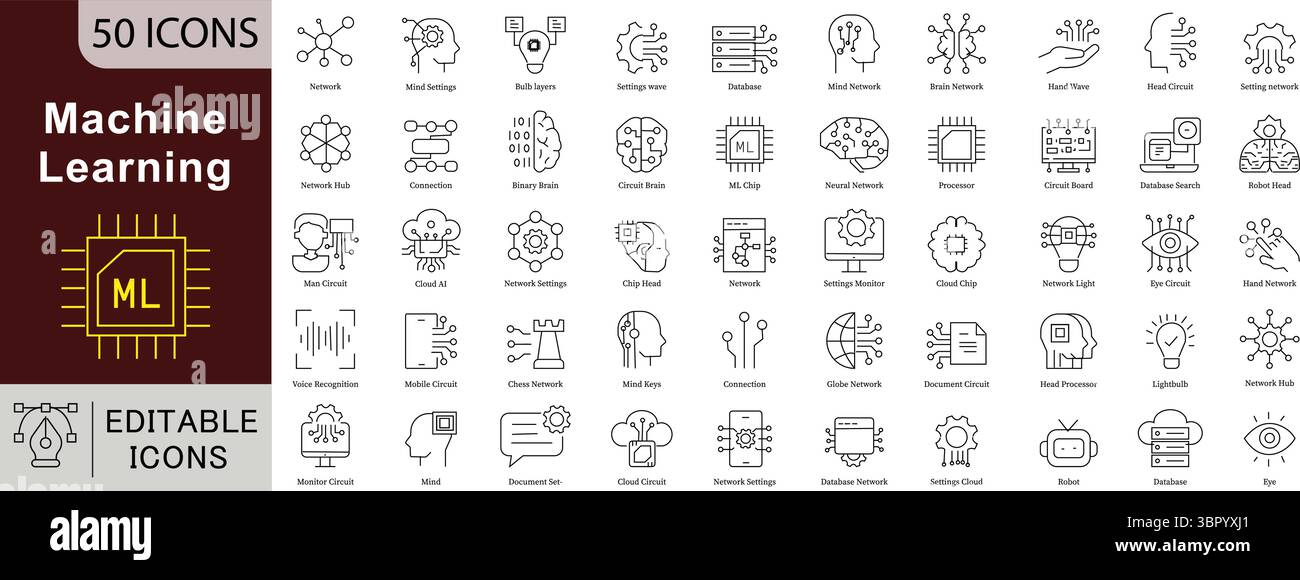 Machine Learning Editable Line Icons Set for AI, Data Science, and Algorithm Automation Concepts Stock Vector